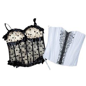 set of 2 size large corset lace up lacey sexy tops tan, black and white